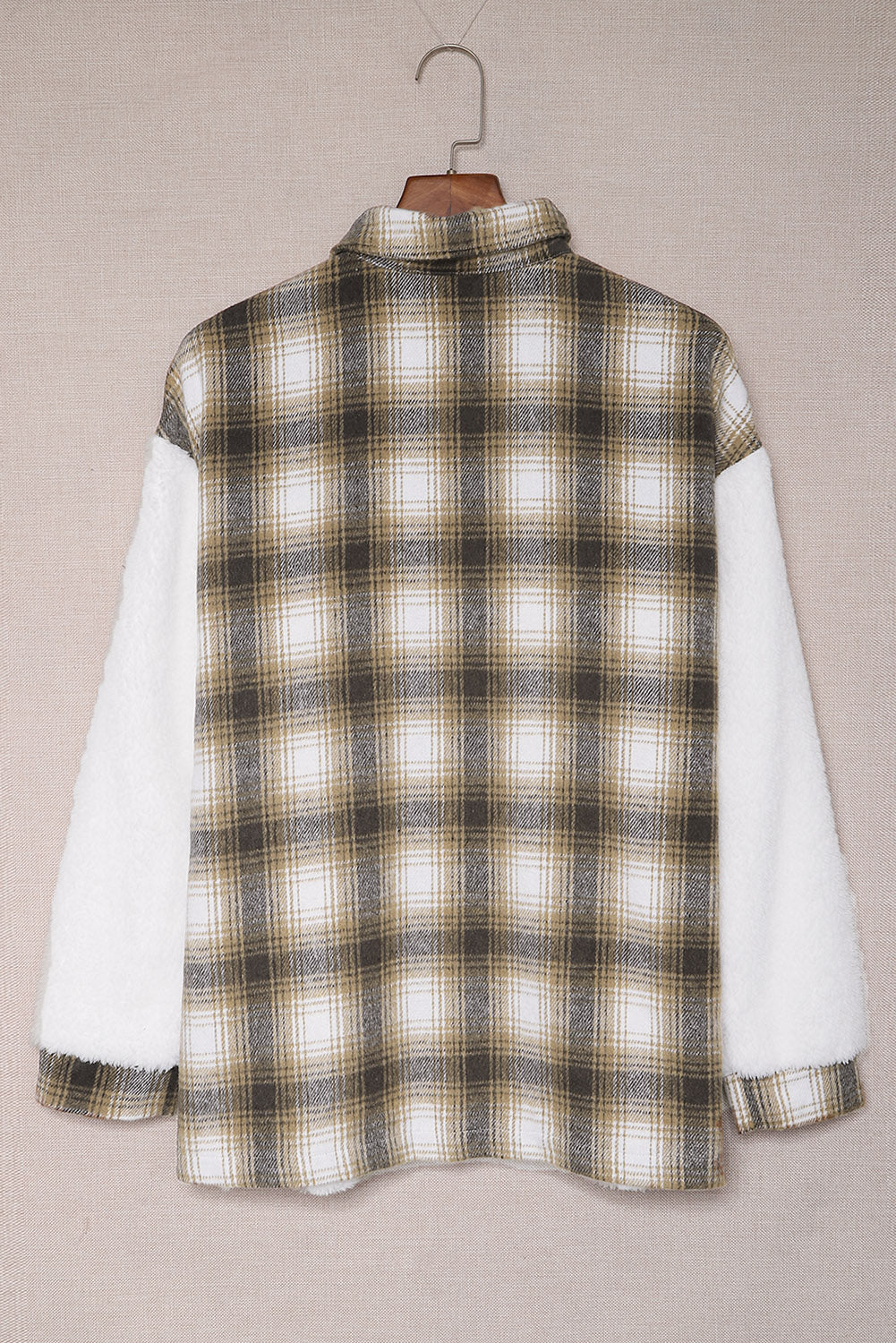 Brown plaid patchwork sherpa jacket with buttoned front and chest pockets, perfect for cold weather.