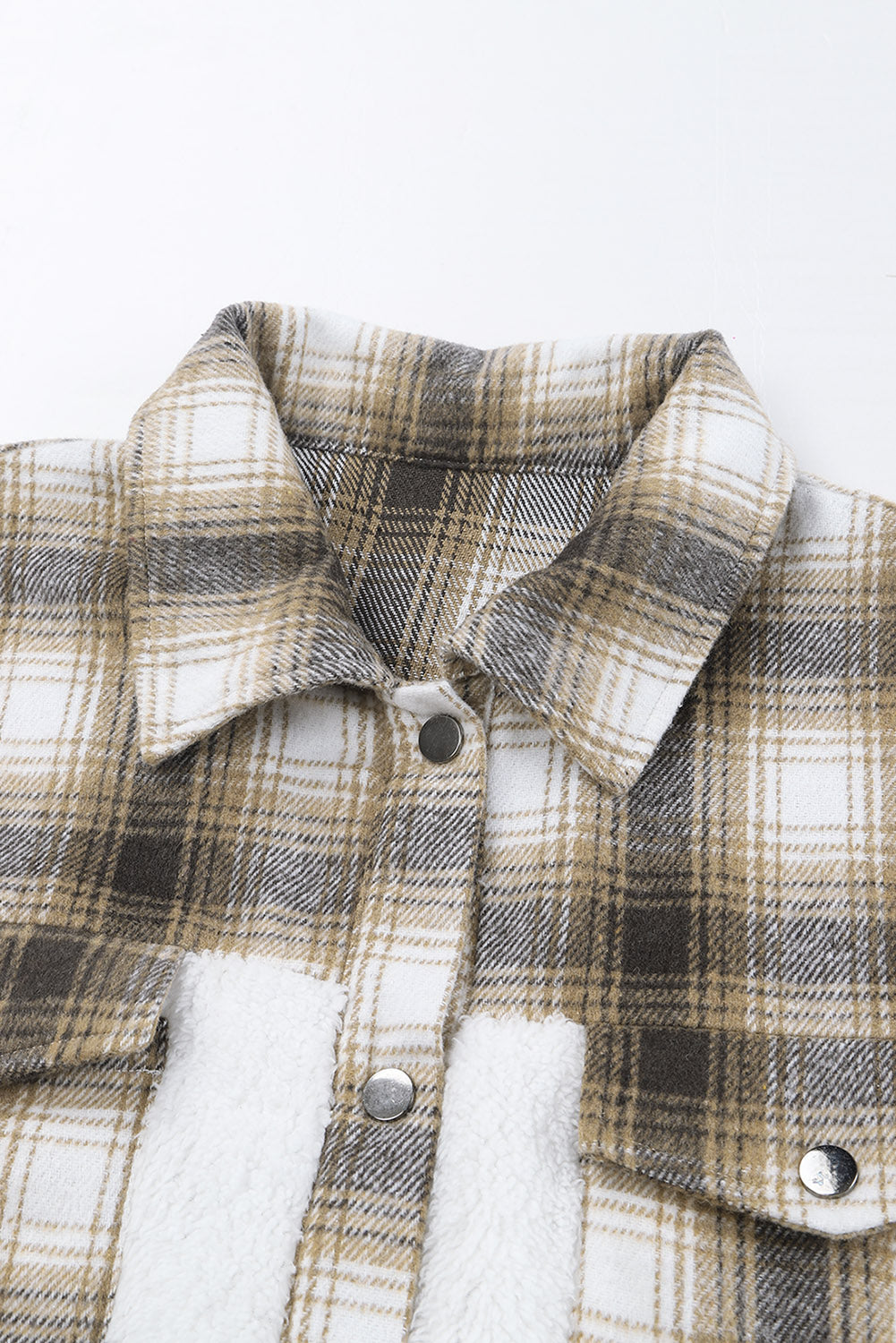 Brown plaid patchwork sherpa jacket with buttoned front and chest pockets, perfect for cold weather.