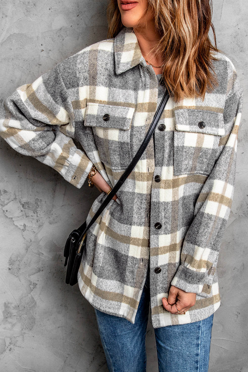 Brown plaid print women shacket with flap pocket and button closure, perfect for casual layering.