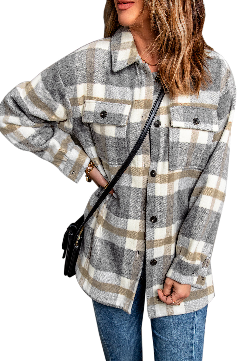 Brown plaid print women shacket with flap pocket and button closure, perfect for casual layering.