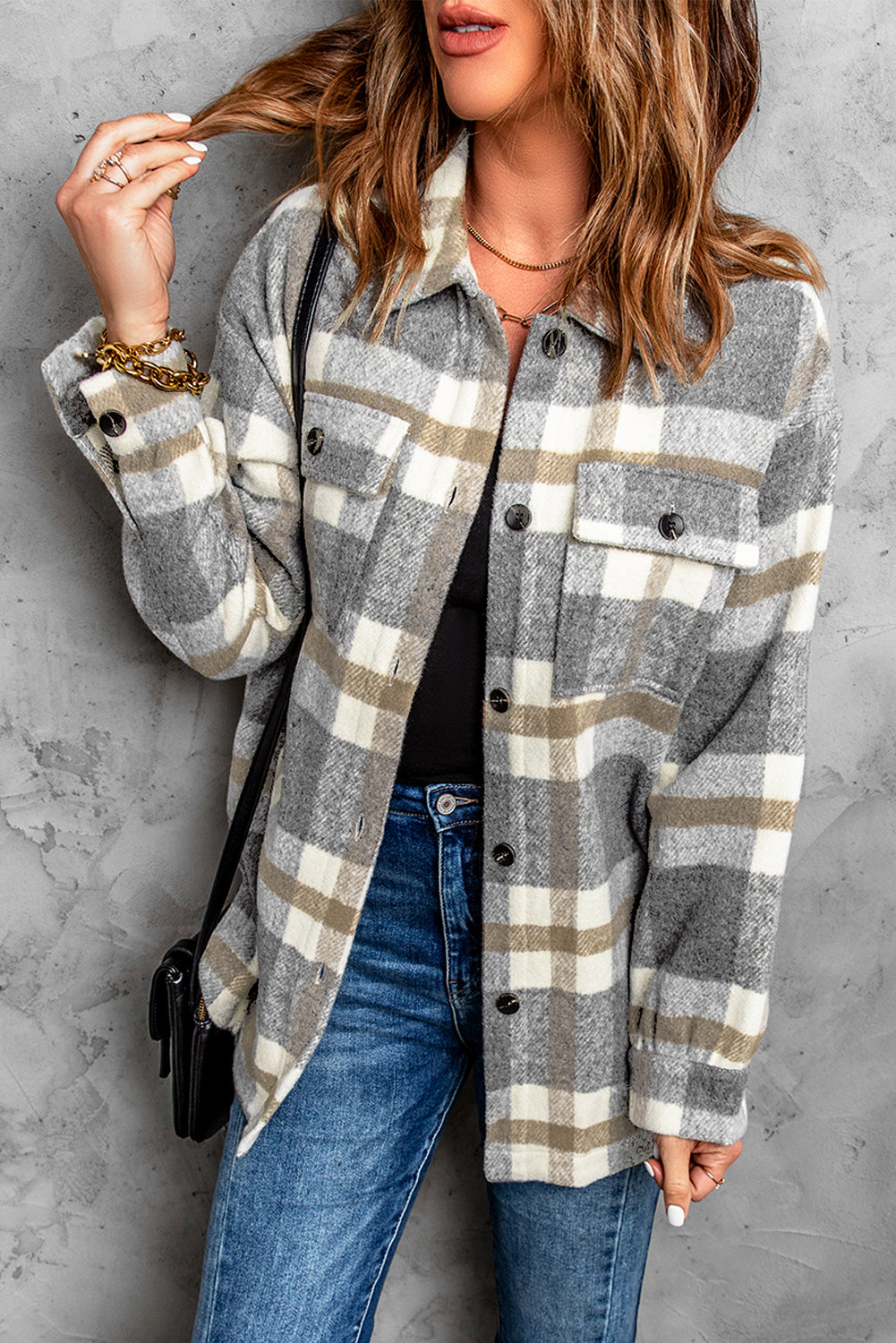 Brown plaid print women shacket with flap pocket and button closure, perfect for casual layering.