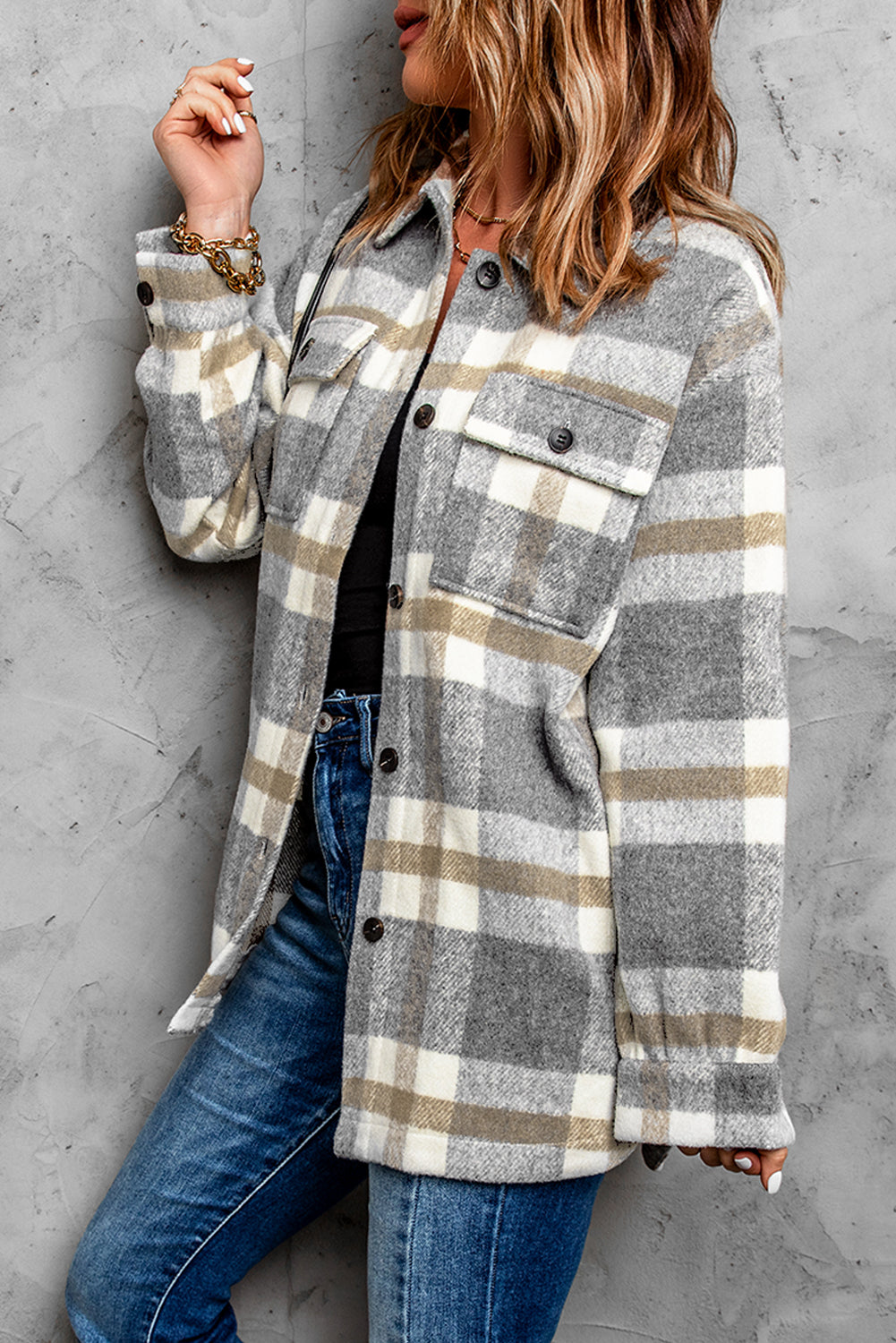 Brown plaid print women shacket with flap pocket and button closure, perfect for casual layering.