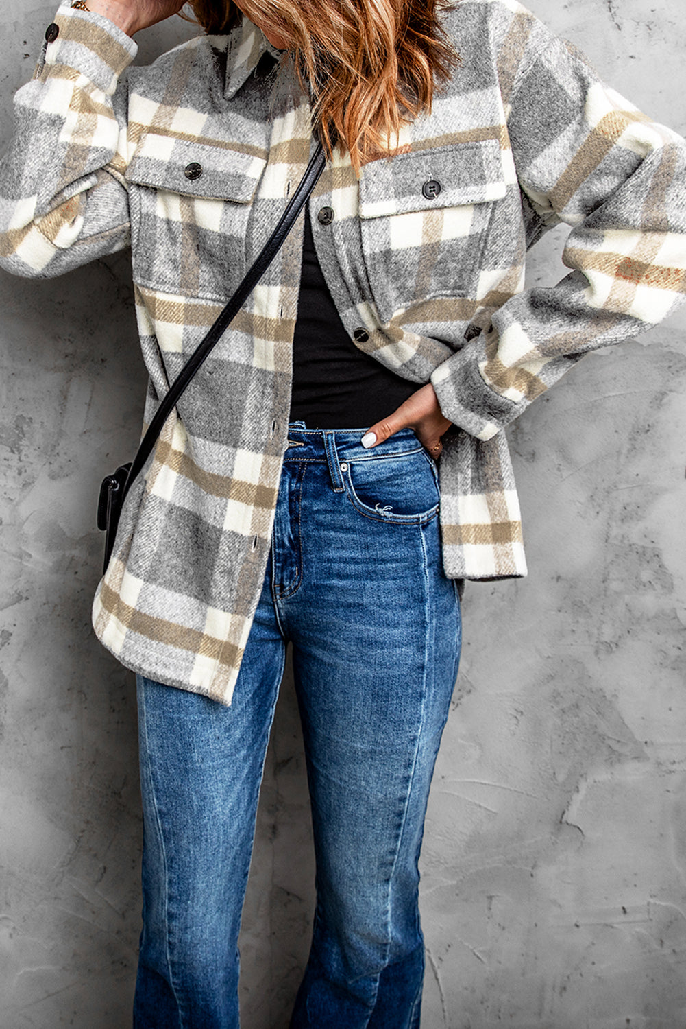 Brown plaid print women shacket with flap pocket and button closure, perfect for casual layering.