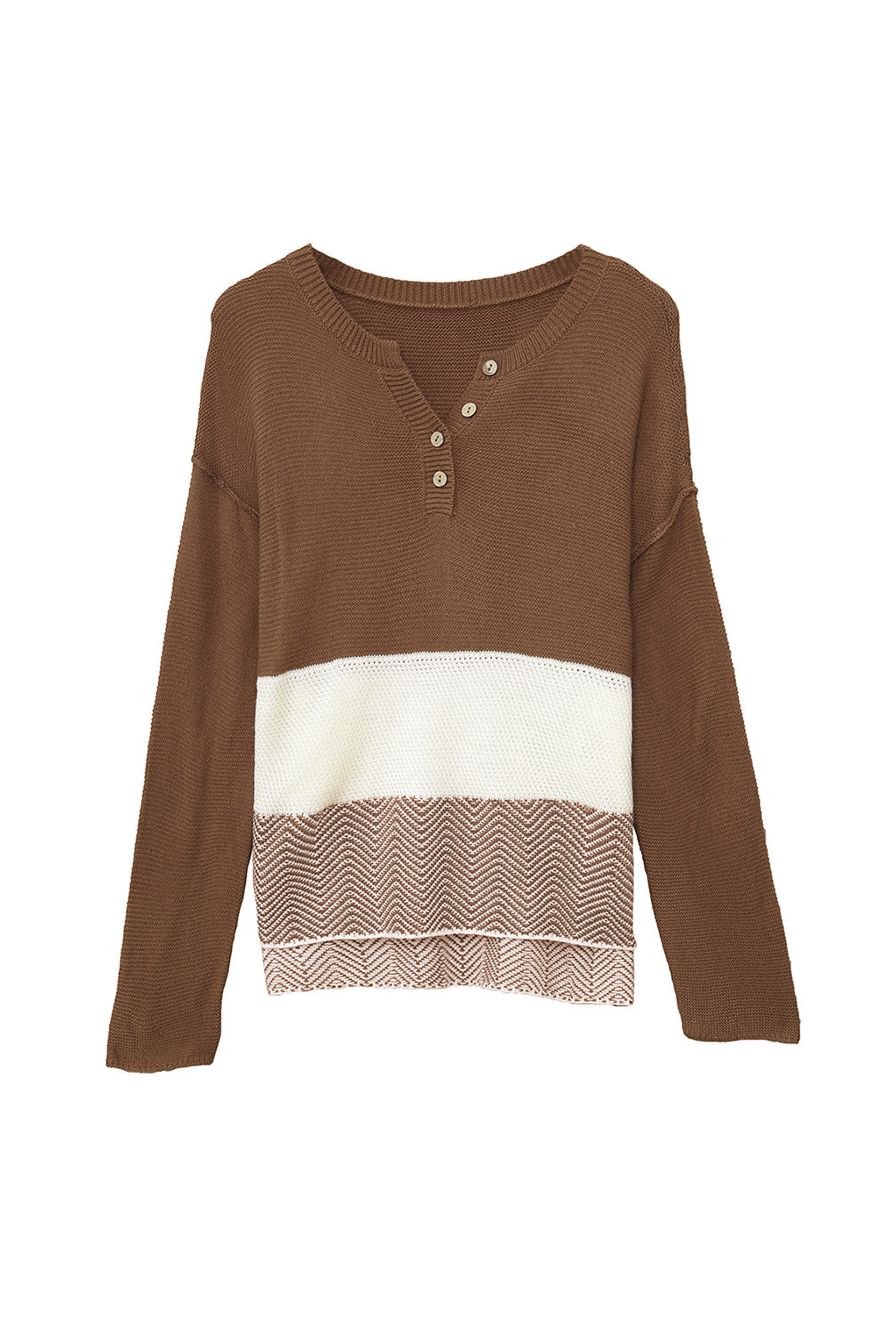 A stylish brown knitted long sleeve sweater featuring color splicing and buttoned design, perfect for casual outfits.