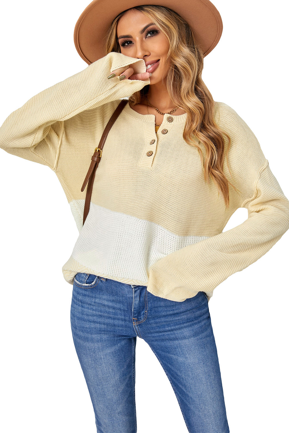 A stylish brown knitted long sleeve sweater featuring color splicing and buttoned design, perfect for casual outfits.