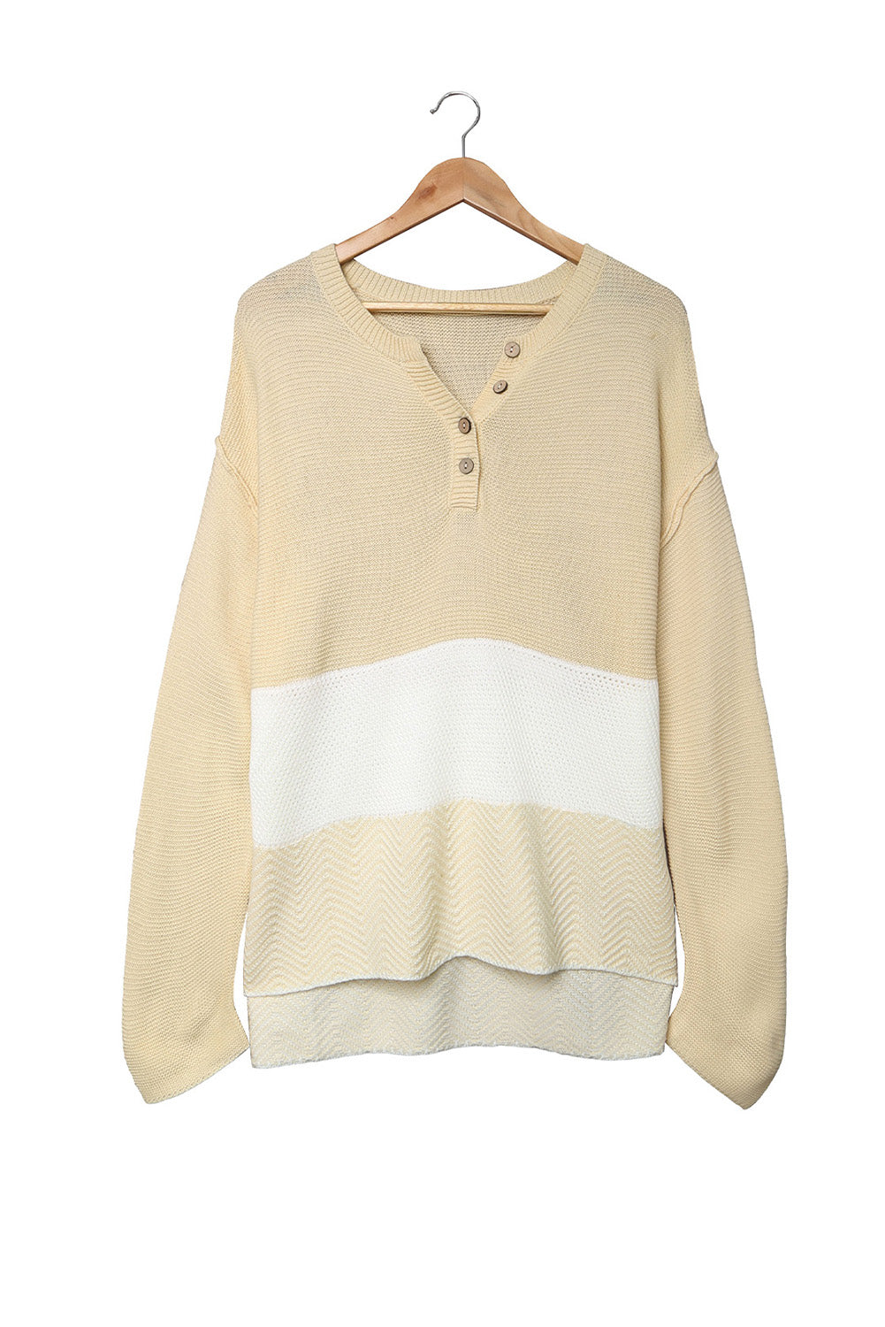 A stylish brown knitted long sleeve sweater featuring color splicing and buttoned design, perfect for casual outfits.