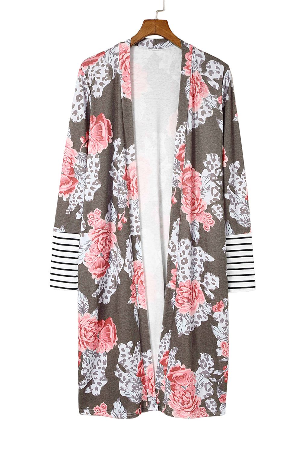 A stylish brown striped cuffs floral print long cardigan featuring a soft knit fabric, relaxed fit, and side pockets.