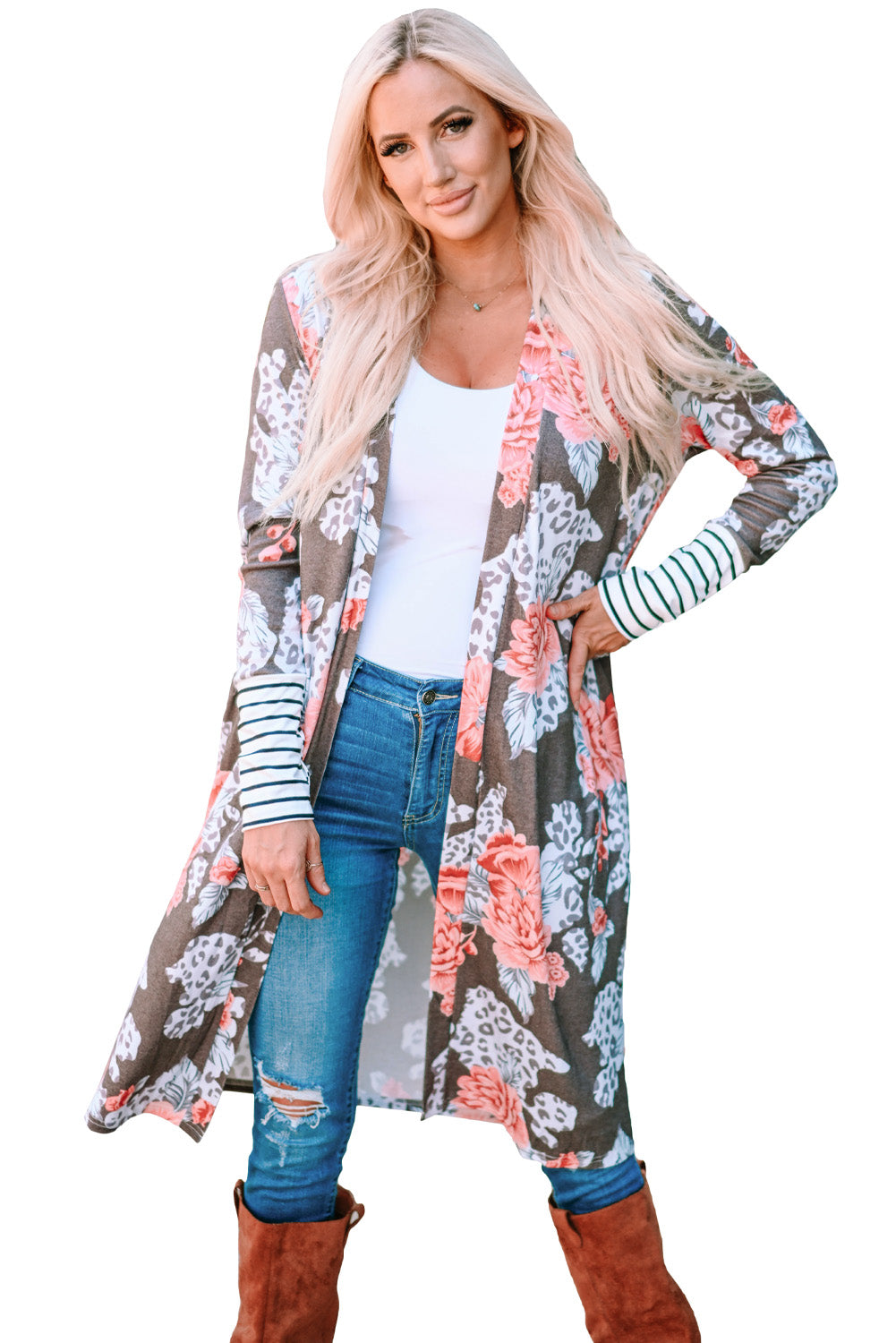 A stylish brown striped cuffs floral print long cardigan featuring a soft knit fabric, relaxed fit, and side pockets.