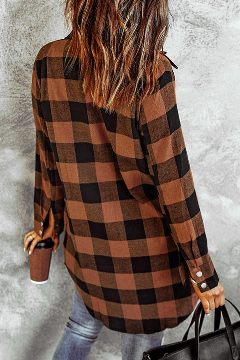 Brown Turn-down Collar Plaid Shirt Coat featuring a classic plaid pattern and elegant collar design, perfect for layering.