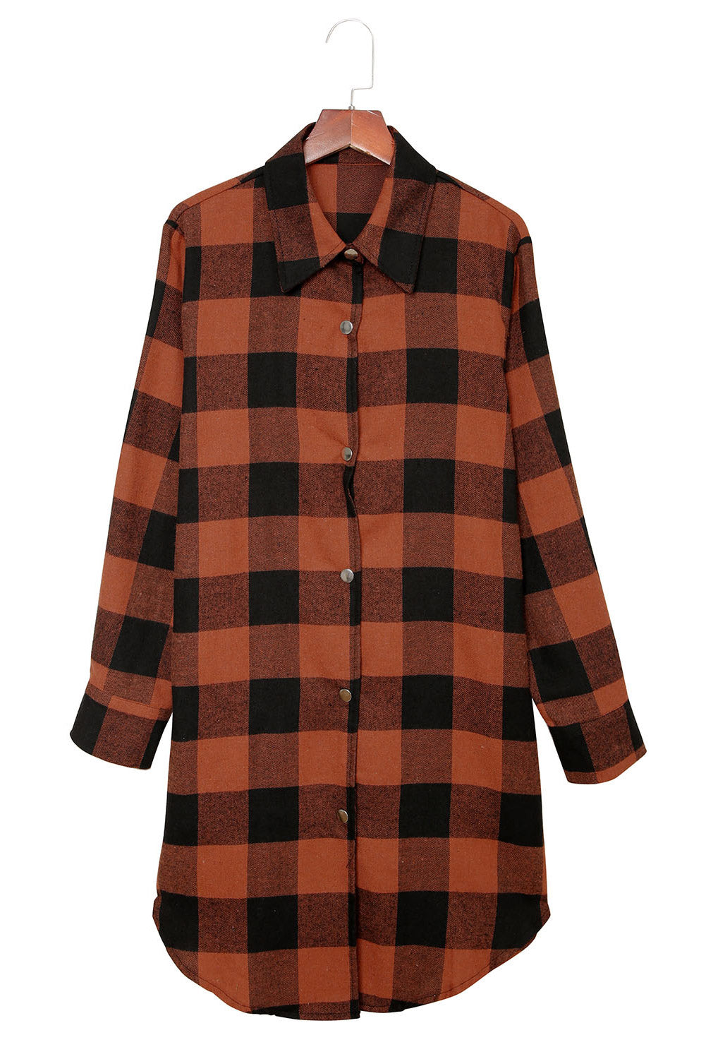 Brown Turn-down Collar Plaid Shirt Coat featuring a classic plaid pattern and elegant collar design, perfect for layering.