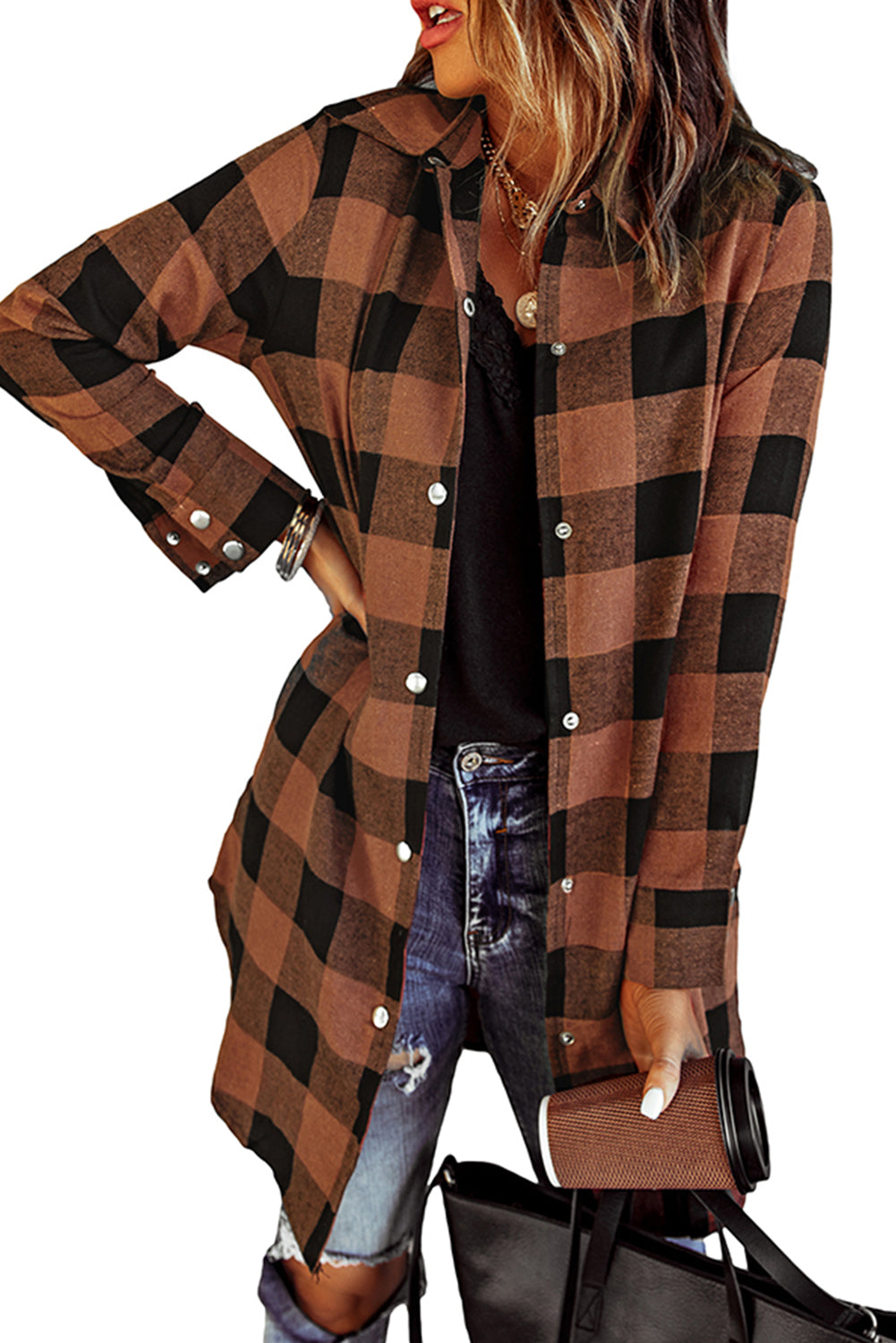 Brown Turn-down Collar Plaid Shirt Coat featuring a classic plaid pattern and elegant collar design, perfect for layering.