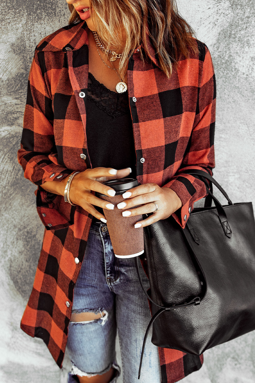 Brown Turn-down Collar Plaid Shirt Coat featuring a classic plaid pattern and elegant collar design, perfect for layering.