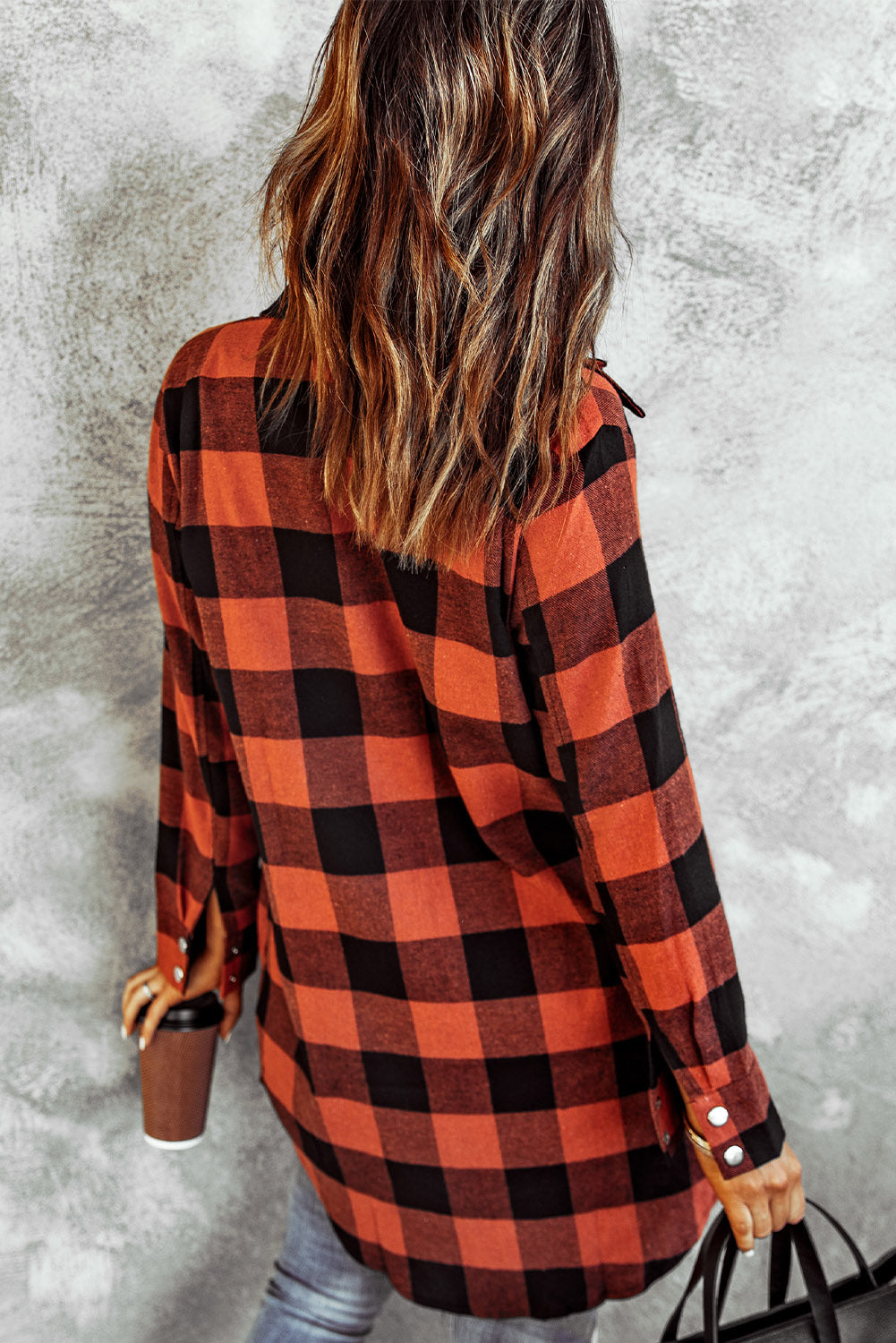 Brown Turn-down Collar Plaid Shirt Coat featuring a classic plaid pattern and elegant collar design, perfect for layering.