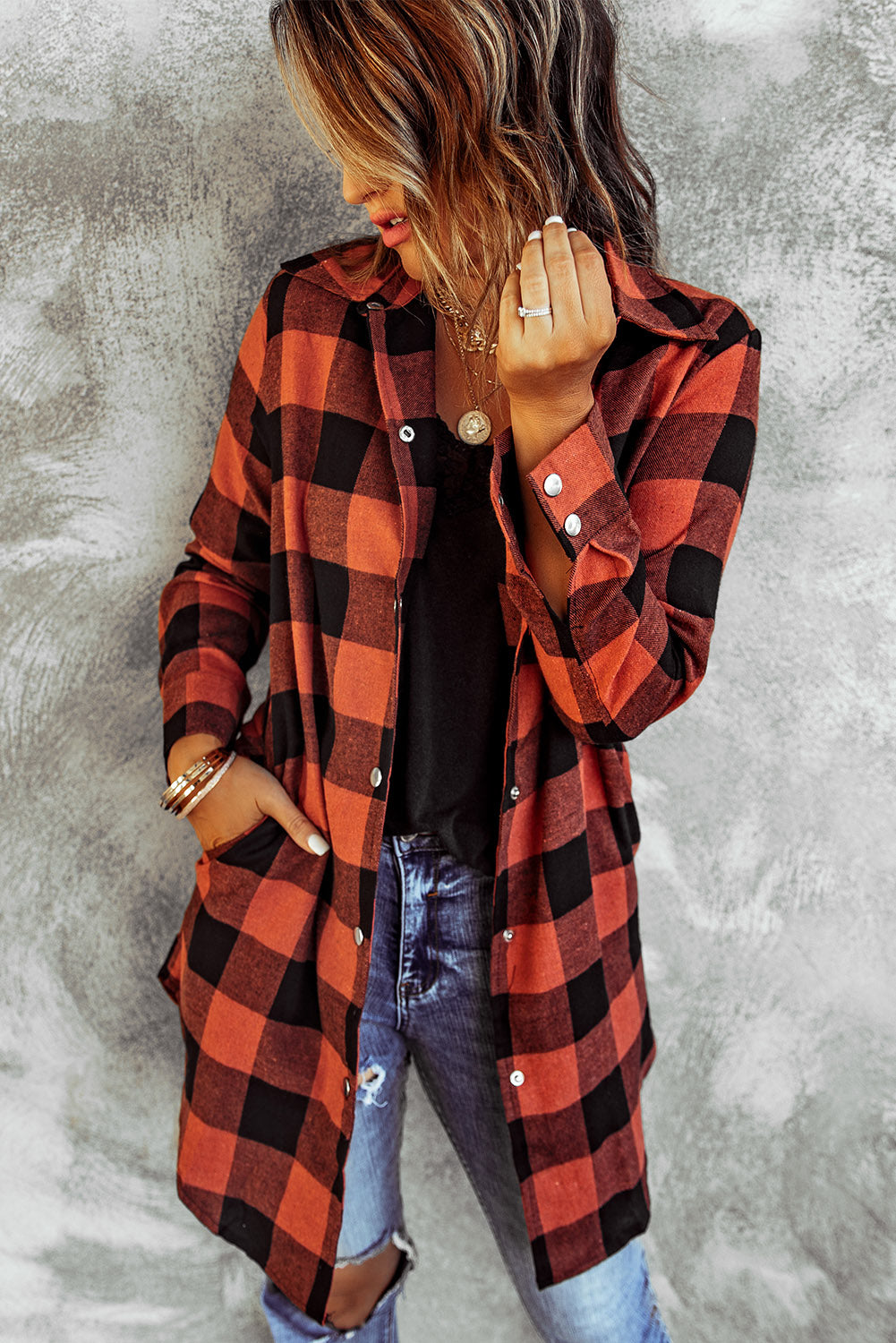 Brown Turn-down Collar Plaid Shirt Coat featuring a classic plaid pattern and elegant collar design, perfect for layering.