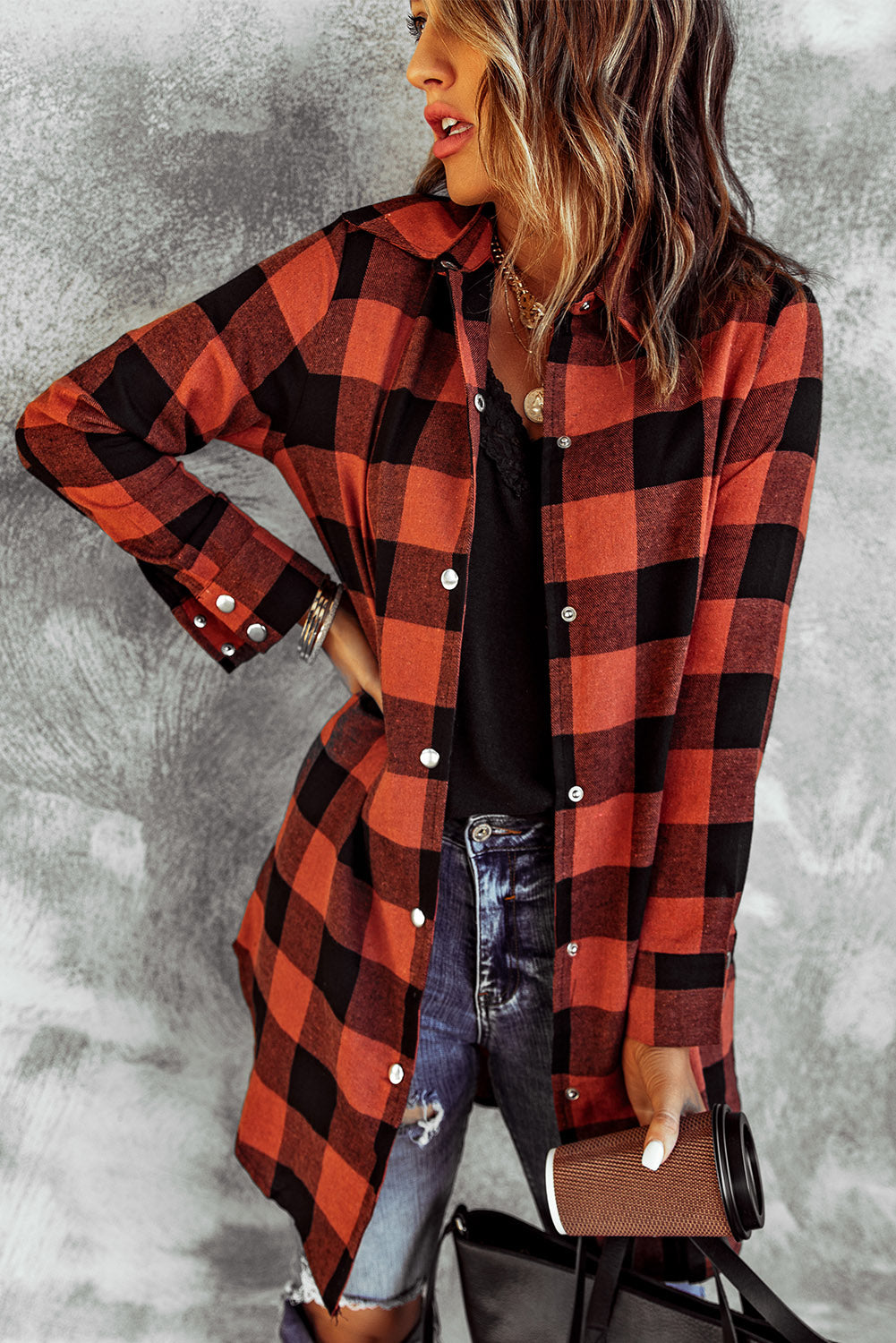 Brown Turn-down Collar Plaid Shirt Coat featuring a classic plaid pattern and elegant collar design, perfect for layering.