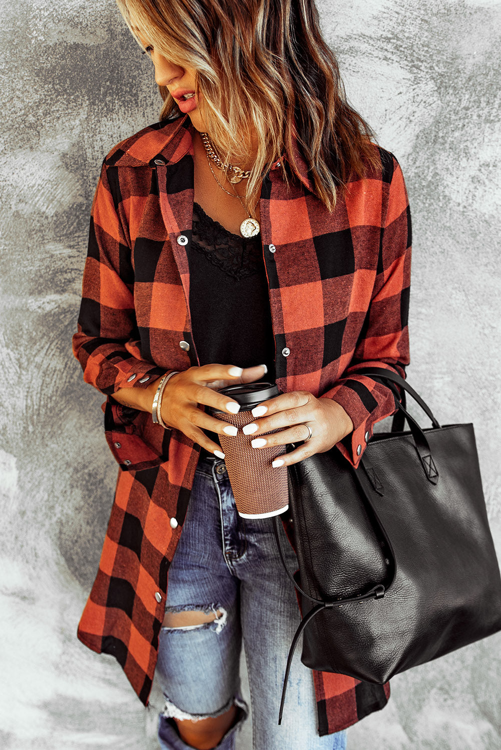 Brown Turn-down Collar Plaid Shirt Coat featuring a classic plaid pattern and elegant collar design, perfect for layering.