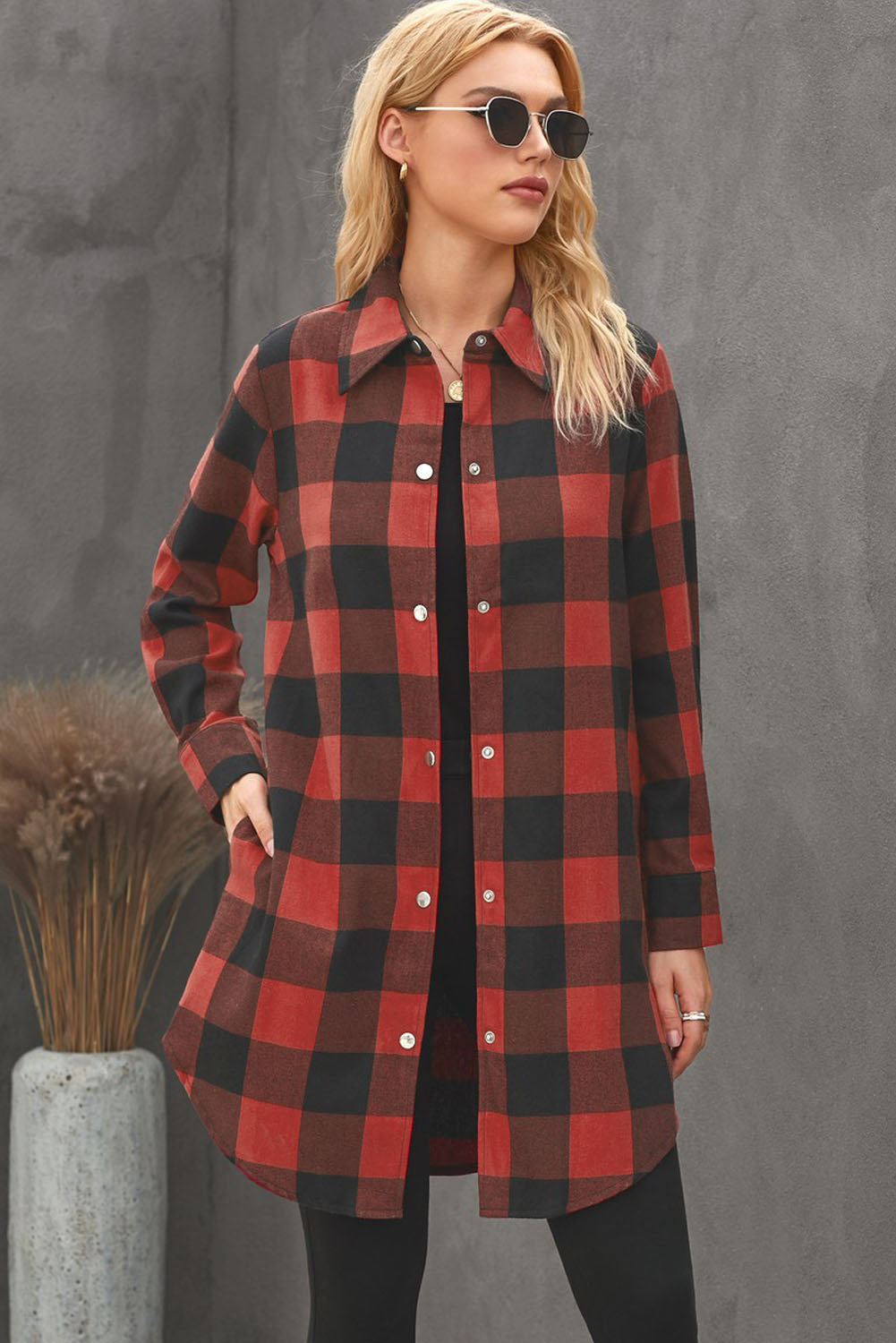 Brown Turn-down Collar Plaid Shirt Coat featuring a classic plaid pattern and elegant collar design, perfect for layering.