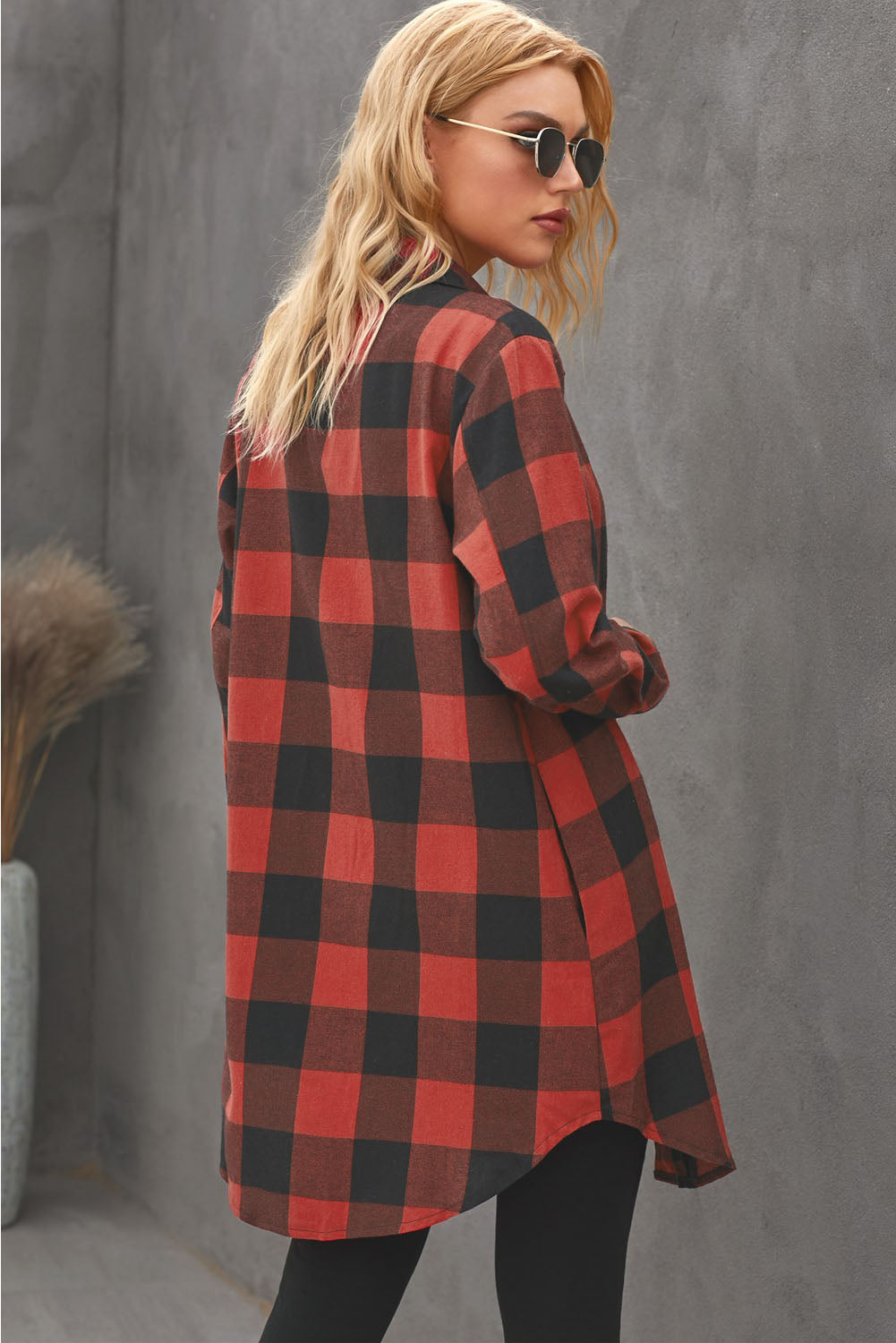 Brown Turn-down Collar Plaid Shirt Coat featuring a classic plaid pattern and elegant collar design, perfect for layering.