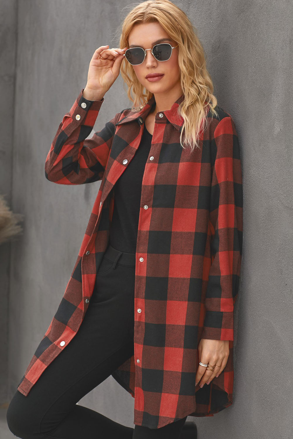 Brown Turn-down Collar Plaid Shirt Coat featuring a classic plaid pattern and elegant collar design, perfect for layering.