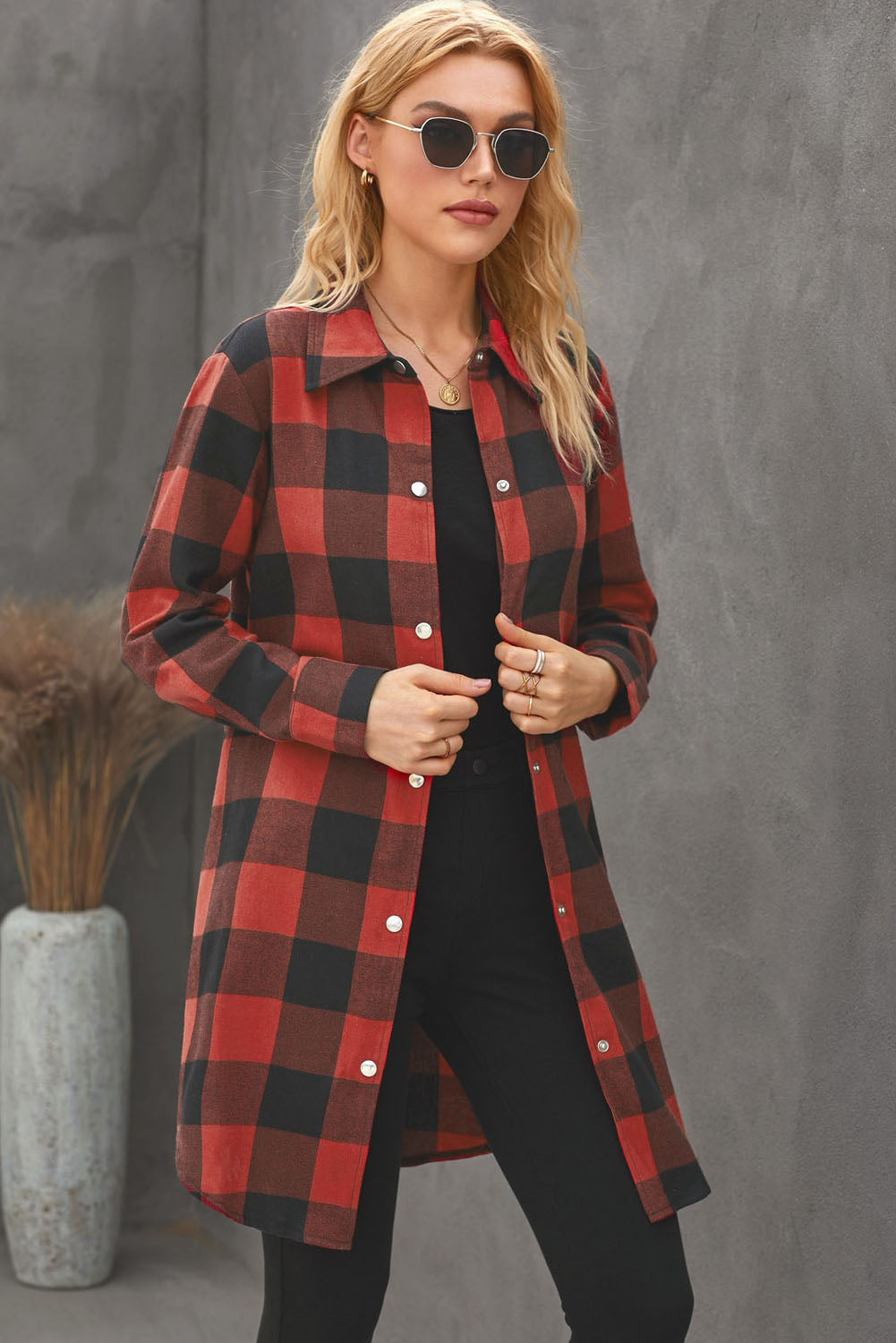 Brown Turn-down Collar Plaid Shirt Coat featuring a classic plaid pattern and elegant collar design, perfect for layering.