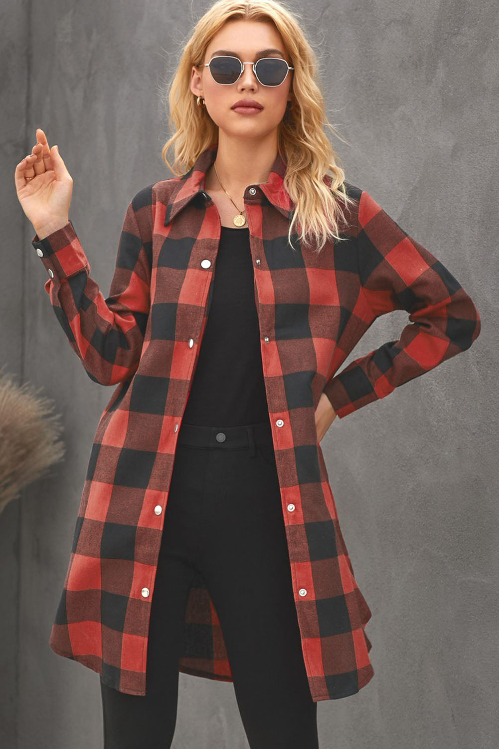 Brown Turn-down Collar Plaid Shirt Coat featuring a classic plaid pattern and elegant collar design, perfect for layering.