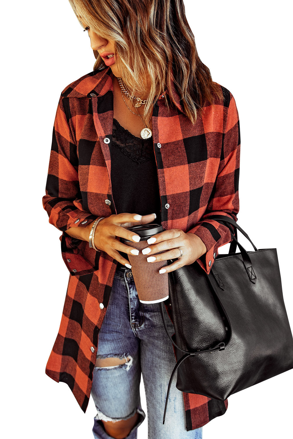 Brown Turn-down Collar Plaid Shirt Coat featuring a classic plaid pattern and elegant collar design, perfect for layering.