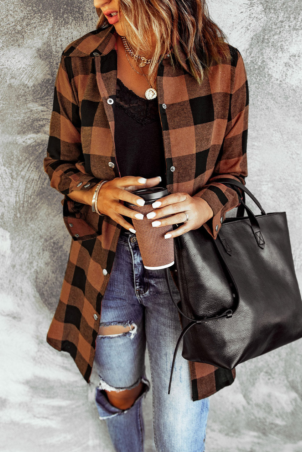 Brown Turn-down Collar Plaid Shirt Coat featuring a classic plaid pattern and elegant collar design, perfect for layering.