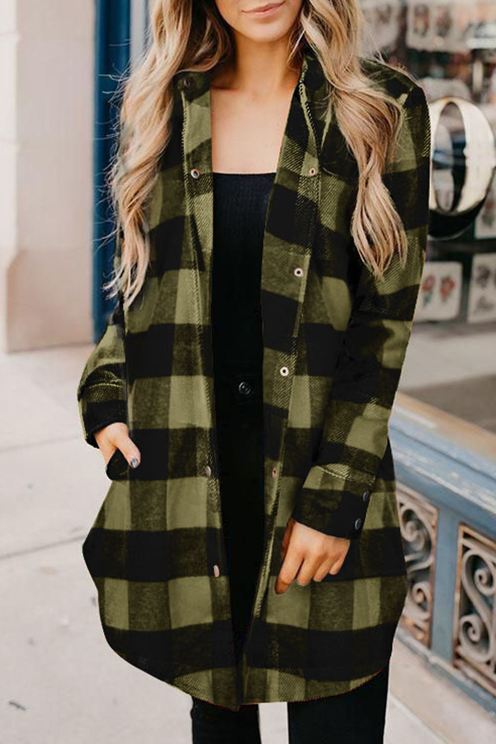 Brown Turn-down Collar Plaid Shirt Coat featuring a classic plaid pattern and elegant collar design, perfect for layering.