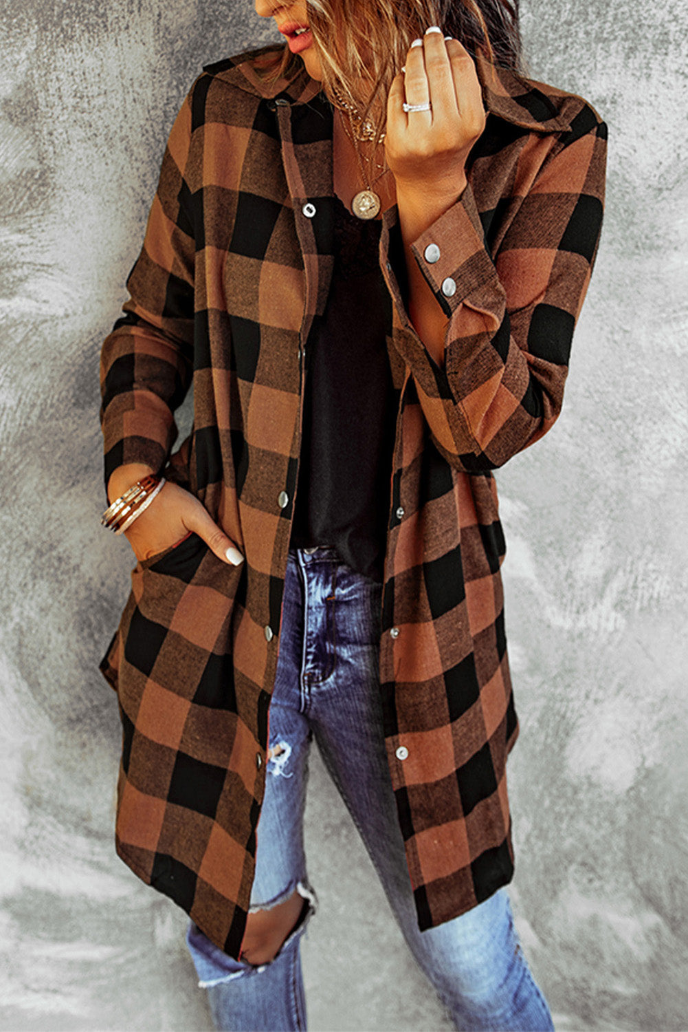 Brown Turn-down Collar Plaid Shirt Coat featuring a classic plaid pattern and elegant collar design, perfect for layering.