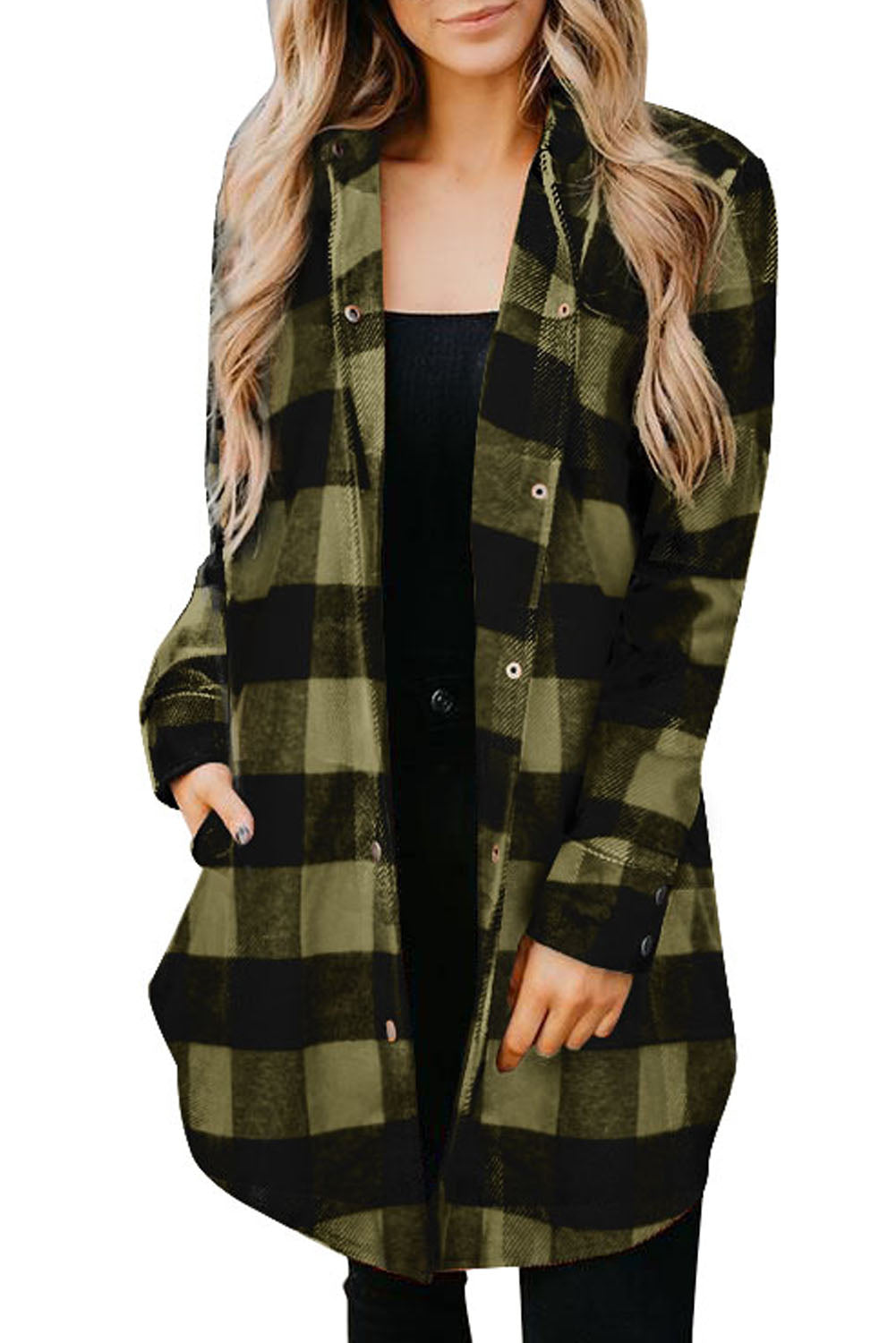 Brown Turn-down Collar Plaid Shirt Coat featuring a classic plaid pattern and elegant collar design, perfect for layering.