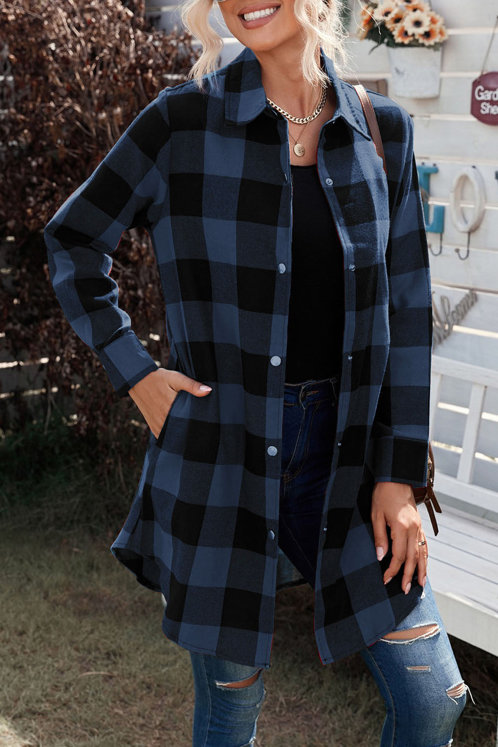 Brown Turn-down Collar Plaid Shirt Coat featuring a classic plaid pattern and elegant collar design, perfect for layering.