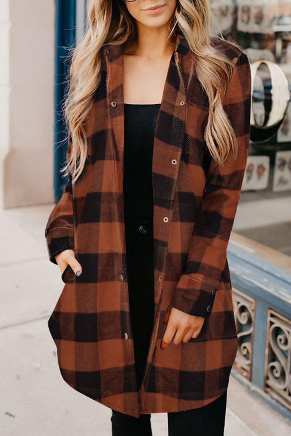 Brown Turn-down Collar Plaid Shirt Coat featuring a classic plaid pattern and elegant collar design, perfect for layering.