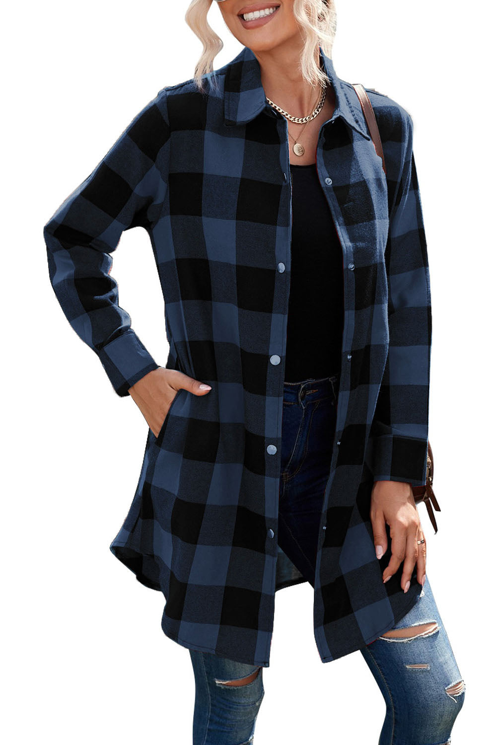 Brown Turn-down Collar Plaid Shirt Coat featuring a classic plaid pattern and elegant collar design, perfect for layering.