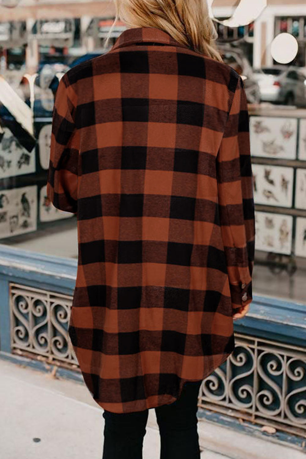 Brown Turn-down Collar Plaid Shirt Coat featuring a classic plaid pattern and elegant collar design, perfect for layering.