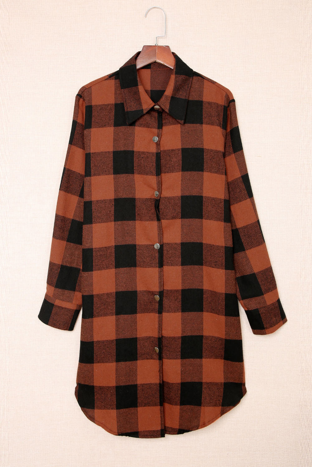 Brown Turn-down Collar Plaid Shirt Coat featuring a classic plaid pattern and elegant collar design, perfect for layering.