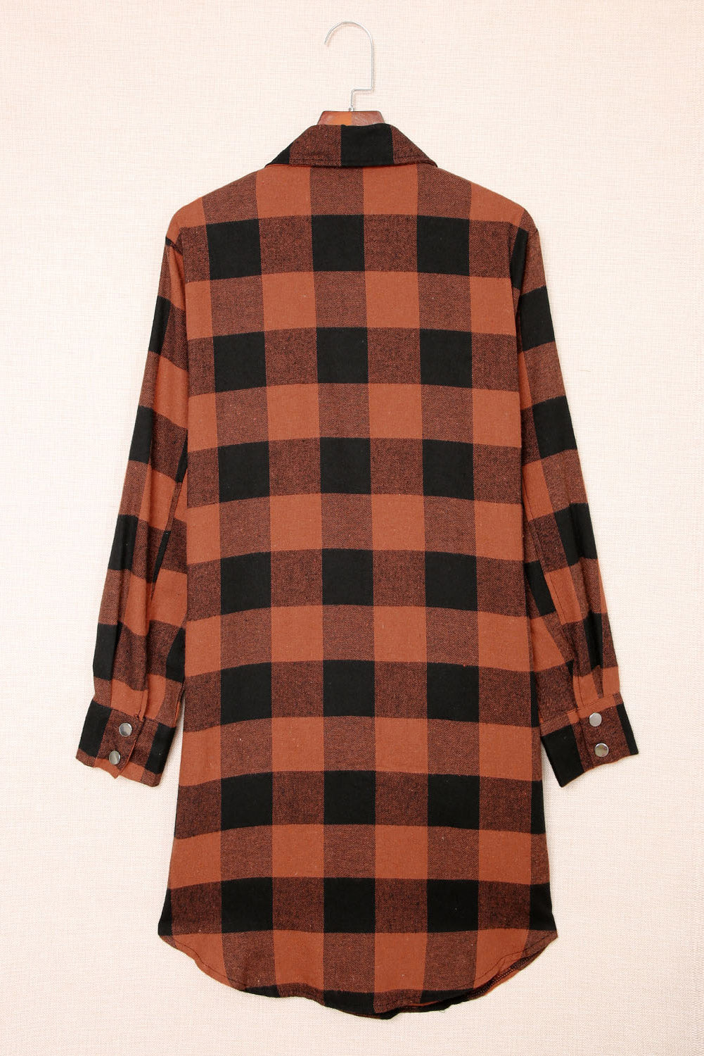 Brown Turn-down Collar Plaid Shirt Coat featuring a classic plaid pattern and elegant collar design, perfect for layering.