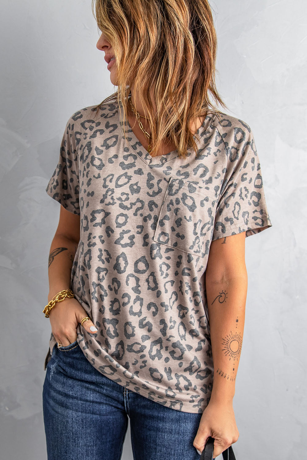 Brown V Neck Front Pocket Leopard Tee featuring a stylish leopard print design, perfect for summer wear.