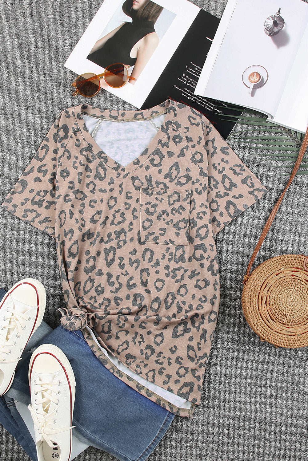 Brown V Neck Front Pocket Leopard Tee featuring a stylish leopard print design, perfect for summer wear.