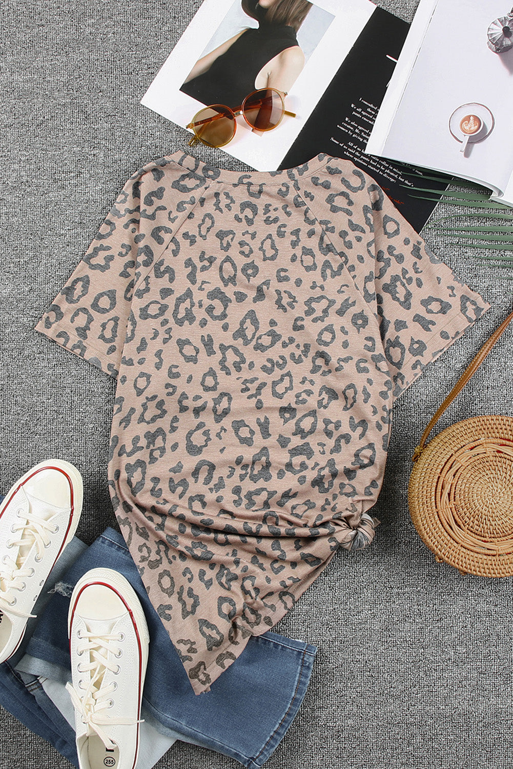 Brown V Neck Front Pocket Leopard Tee featuring a stylish leopard print design, perfect for summer wear.