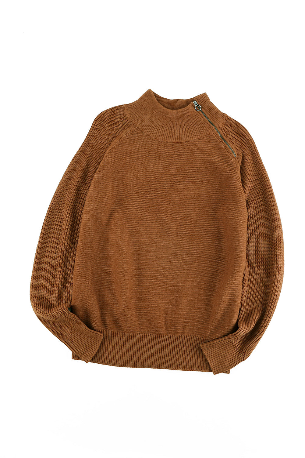 A stylish brown zip knitted high neck sweater displayed on a mannequin, showcasing its soft texture and modern design.