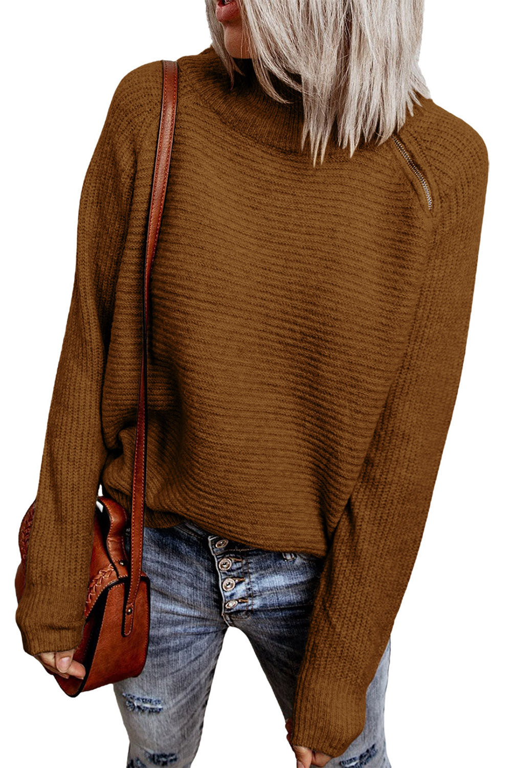 A stylish brown zip knitted high neck sweater displayed on a mannequin, showcasing its soft texture and modern design.