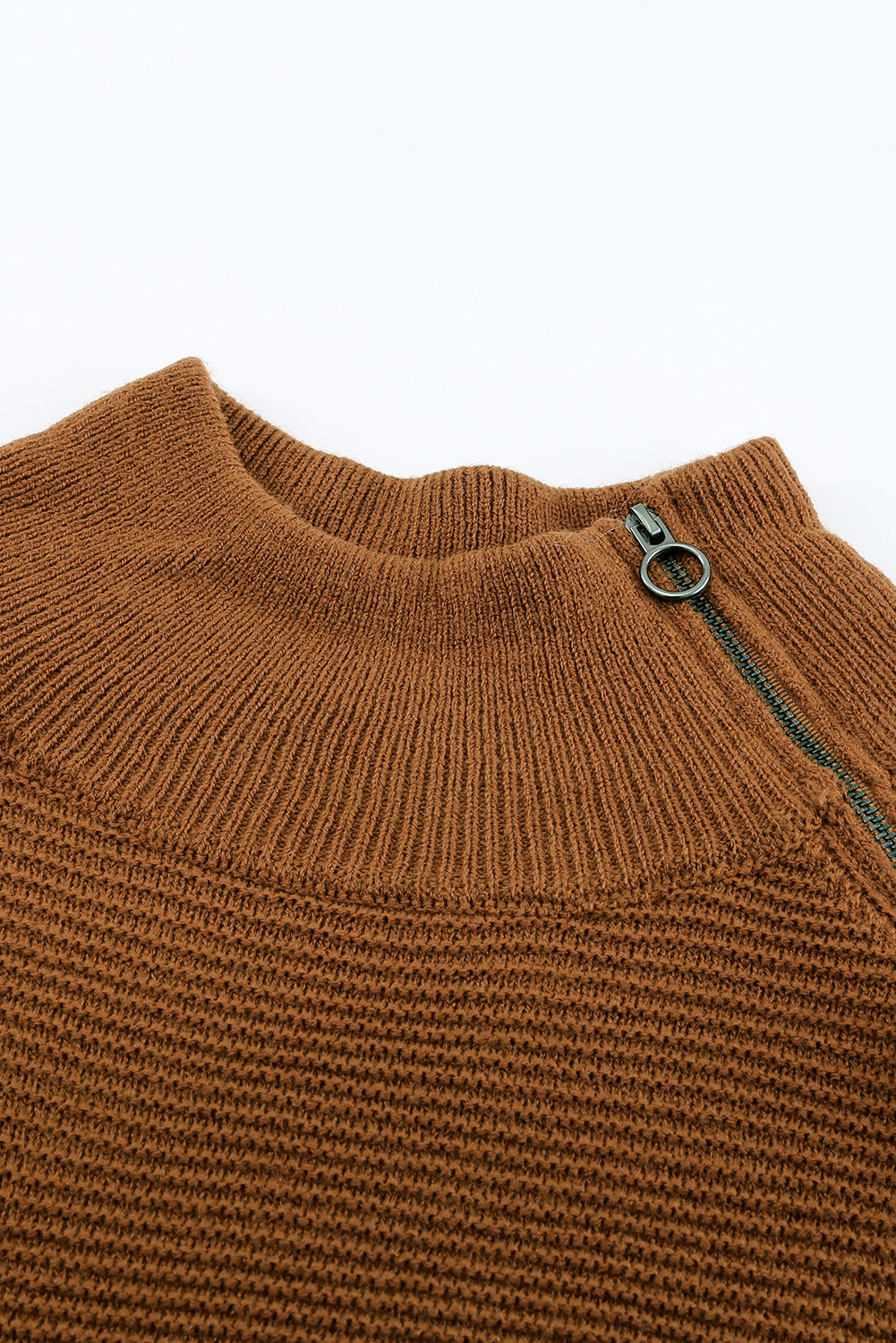 A stylish brown zip knitted high neck sweater displayed on a mannequin, showcasing its soft texture and modern design.