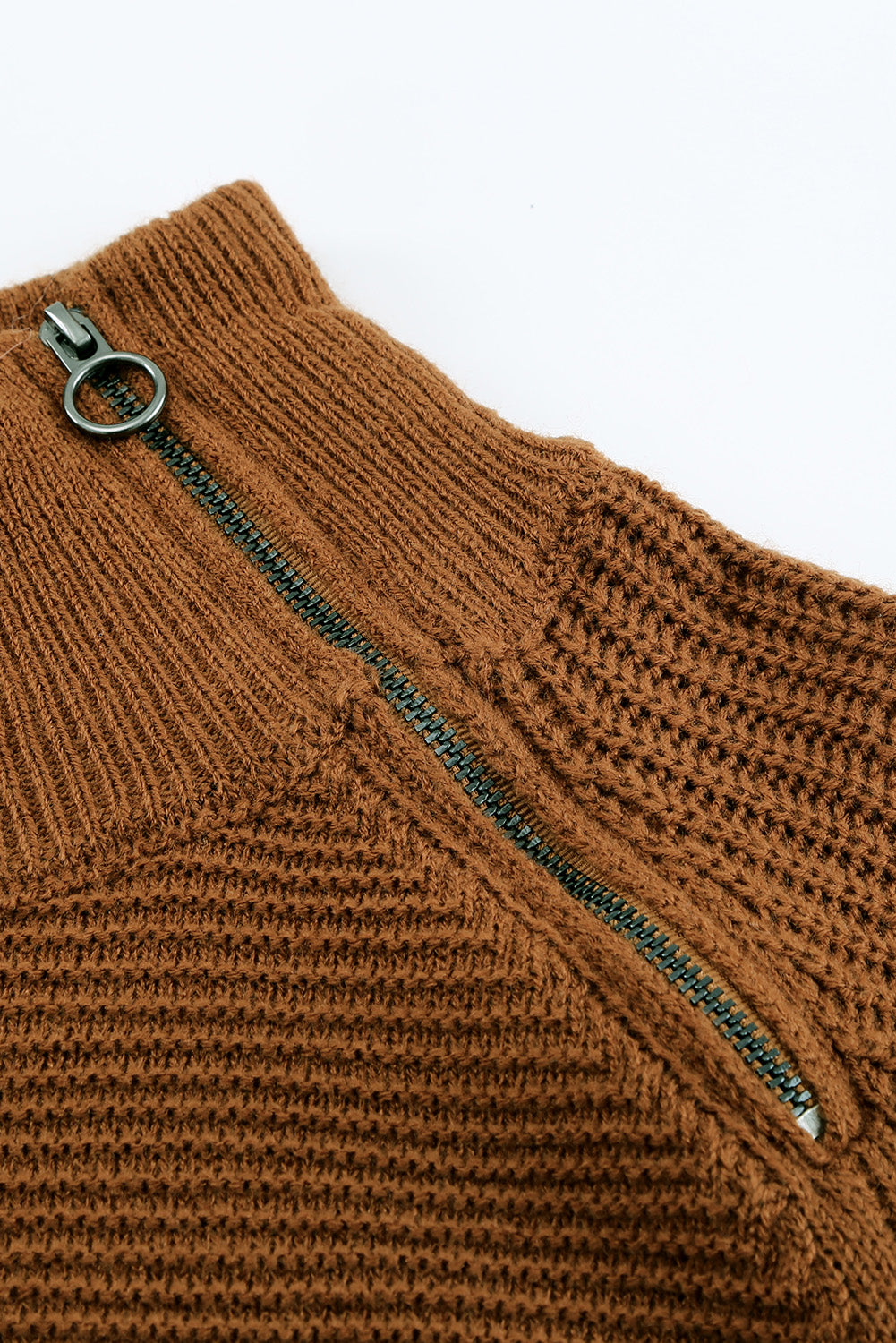 A stylish brown zip knitted high neck sweater displayed on a mannequin, showcasing its soft texture and modern design.