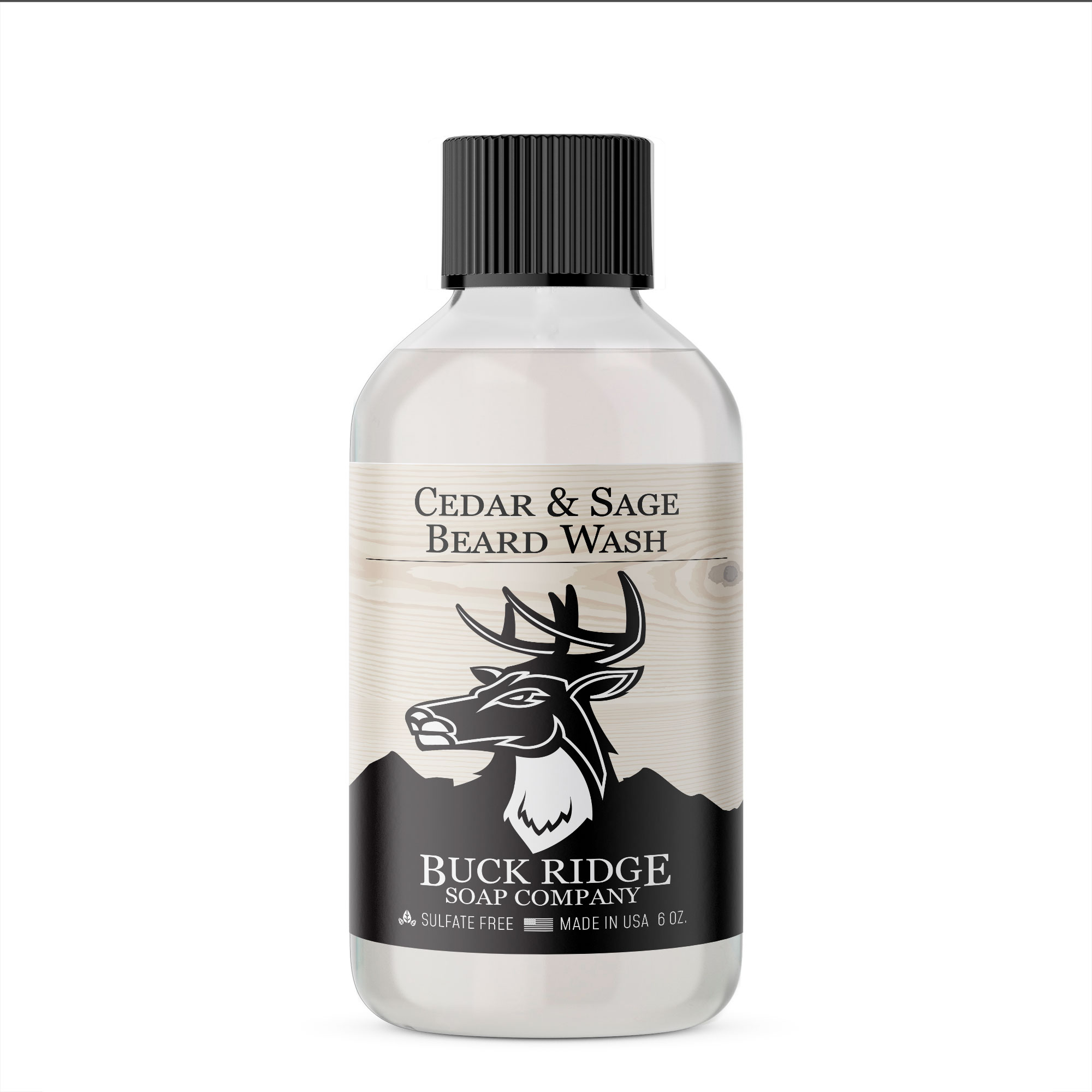 Buck Ridge Cedar and Sage Beard Wash in a BPA-free bottle, showcasing its natural ingredients and thick texture.