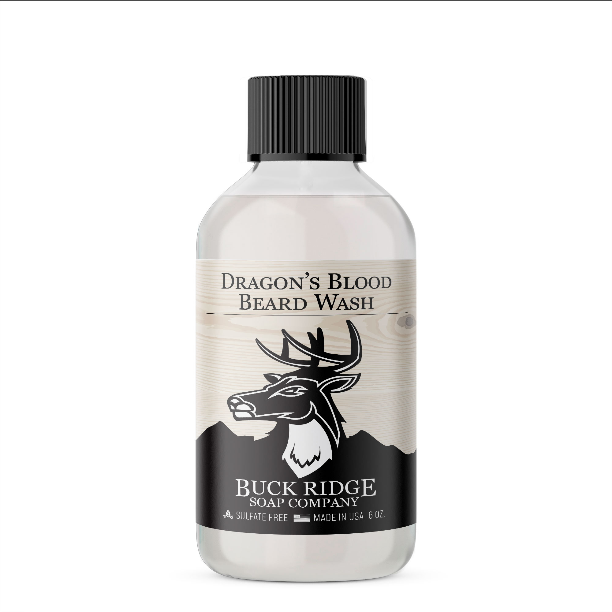 Buck Ridge Dragon's Blood Beard Wash in a BPA-free bottle, featuring a vibrant label with essential oils and dragon fruit fragrance.