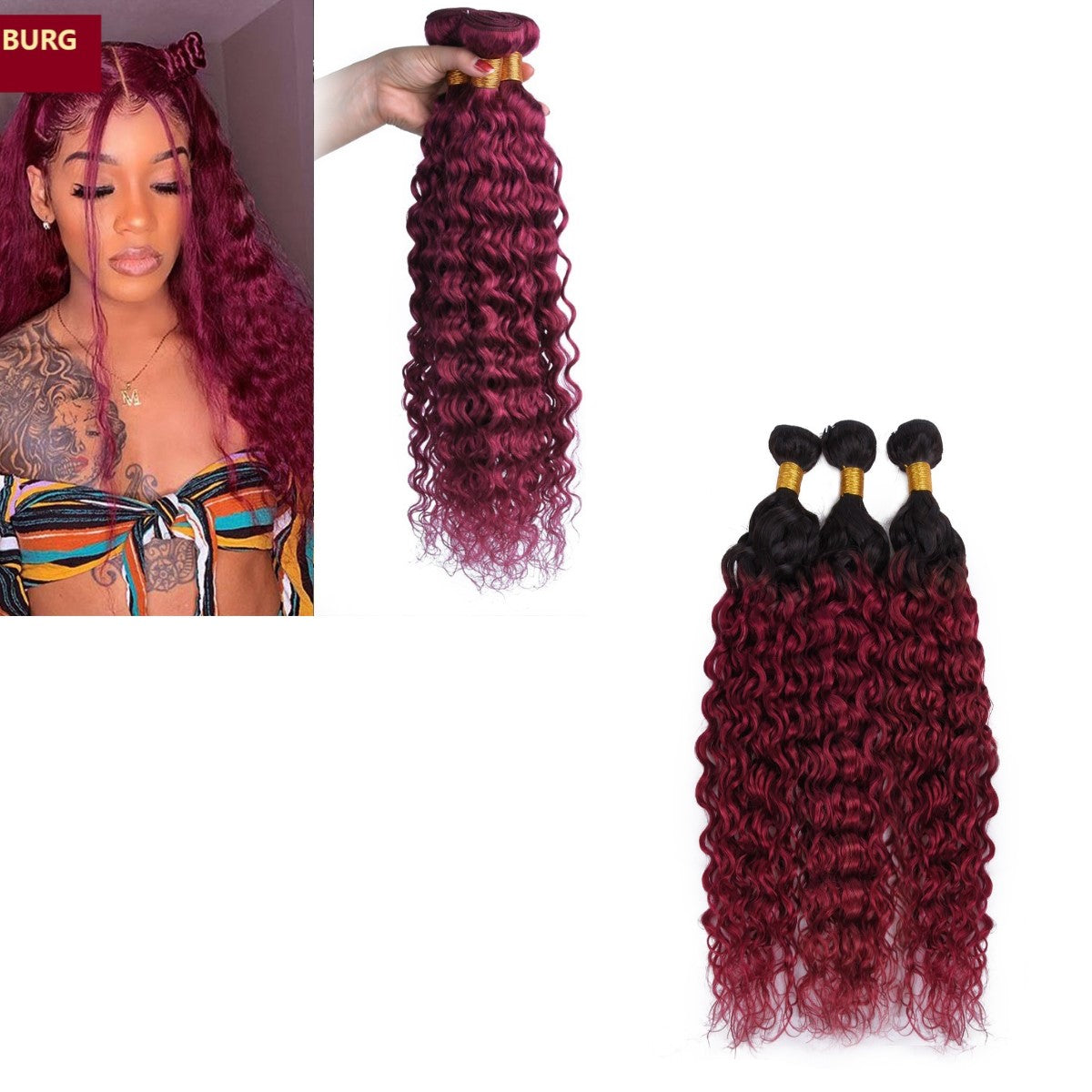 Burg 10A Grade Water Wave hair bundles in Burgundy color with lace closures and frontals, showcasing a luxurious and elegant texture.