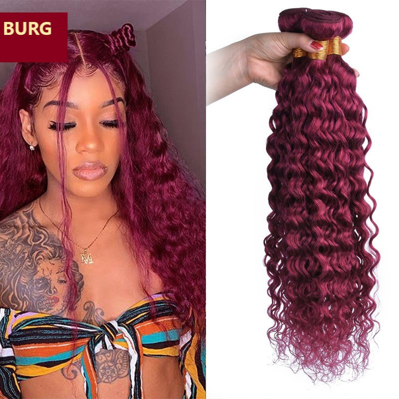 Burg 10A Grade Water Wave hair bundles in Burgundy color with lace closures and frontals, showcasing a luxurious and elegant texture.