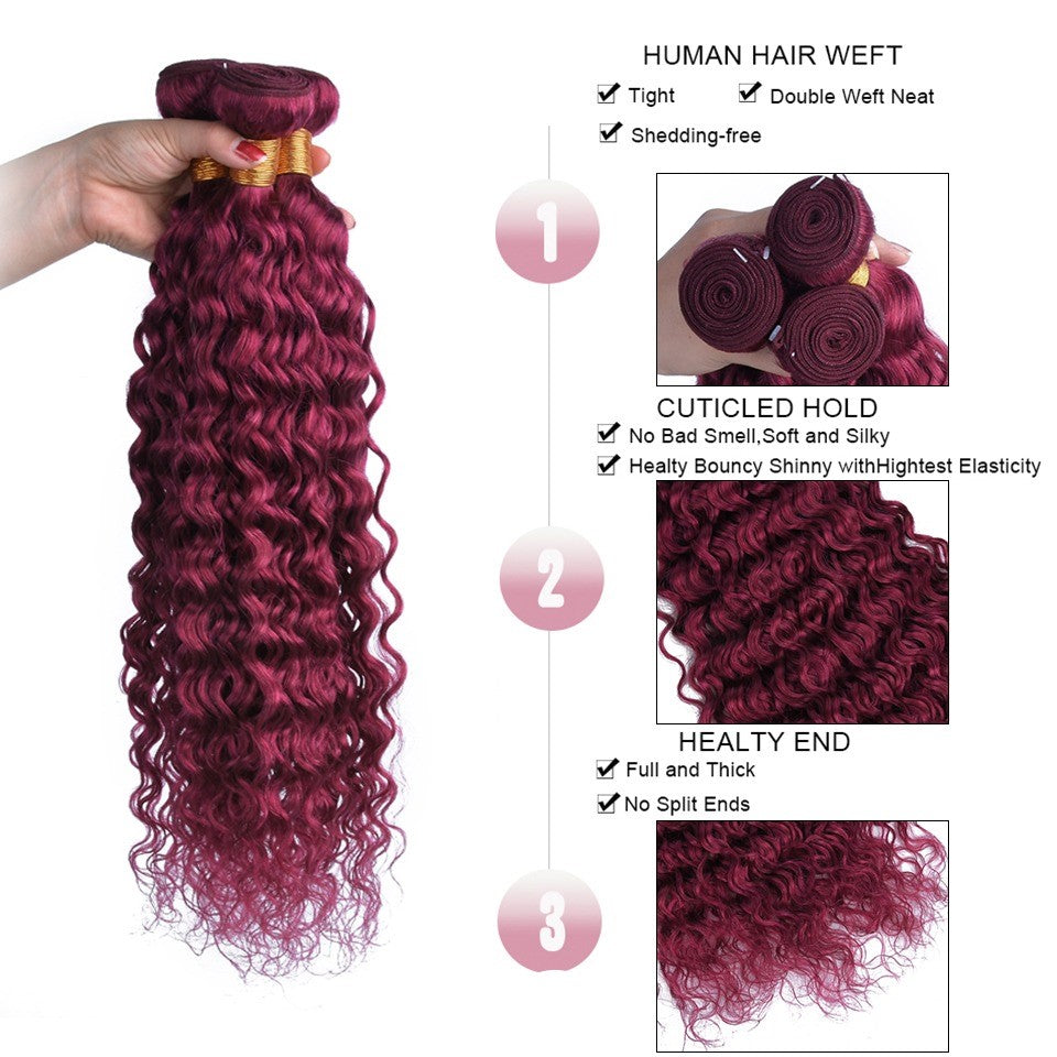 Burg 10A Grade Water Wave hair bundles in Burgundy color with lace closures and frontals, showcasing a luxurious and elegant texture.