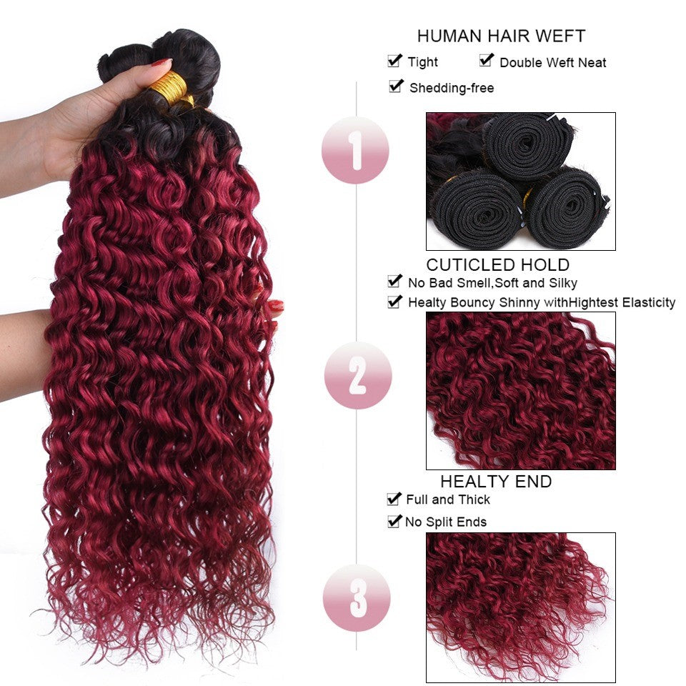 Burg 10A Grade Water Wave hair bundles in Burgundy color with lace closures and frontals, showcasing a luxurious and elegant texture.