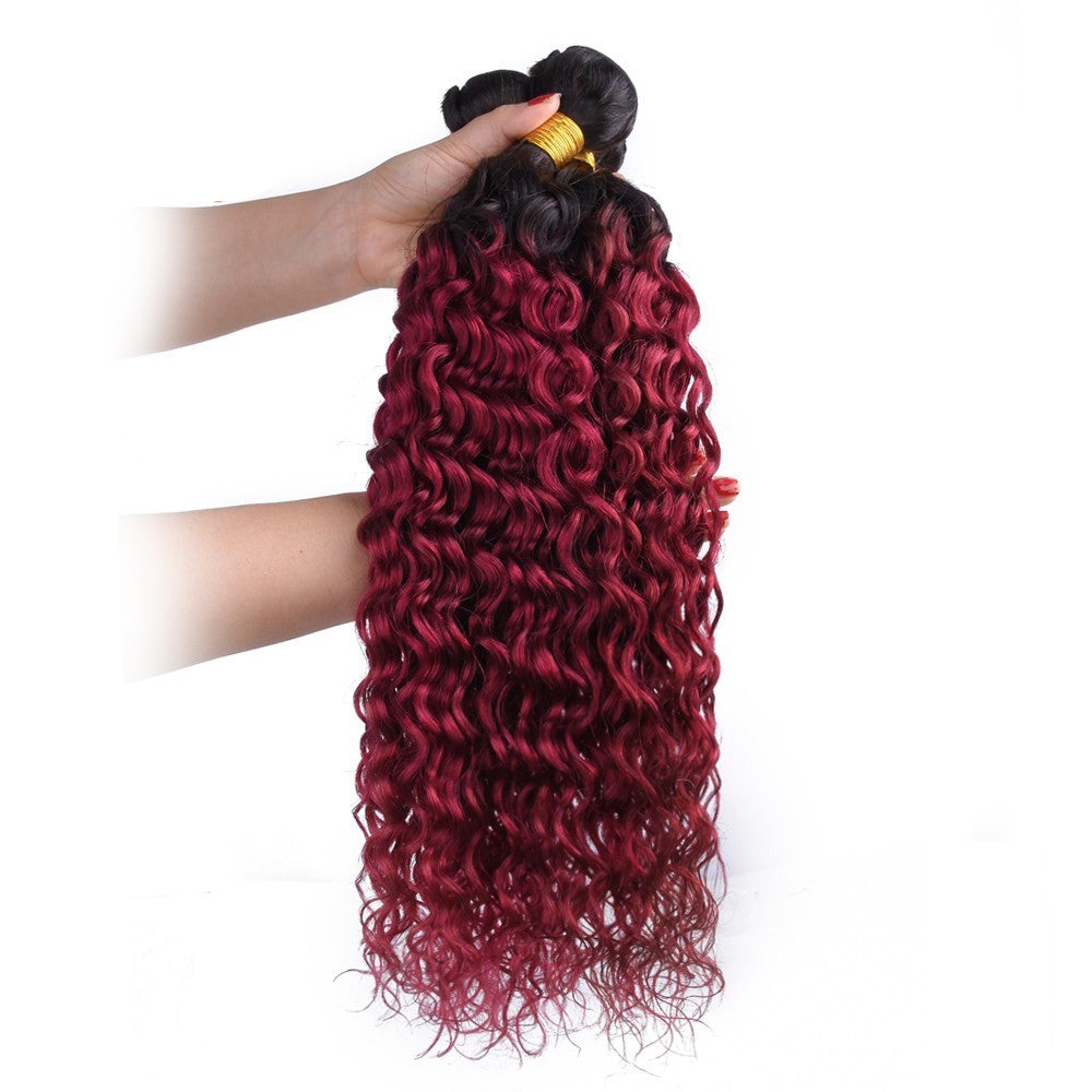 Burg 10A Grade Water Wave hair bundles in Burgundy color with lace closures and frontals, showcasing a luxurious and elegant texture.